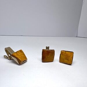 Vintage Gold Tone Cufflinks Tie Clip Set Wood Grain Mid Century Mad Men Dapper